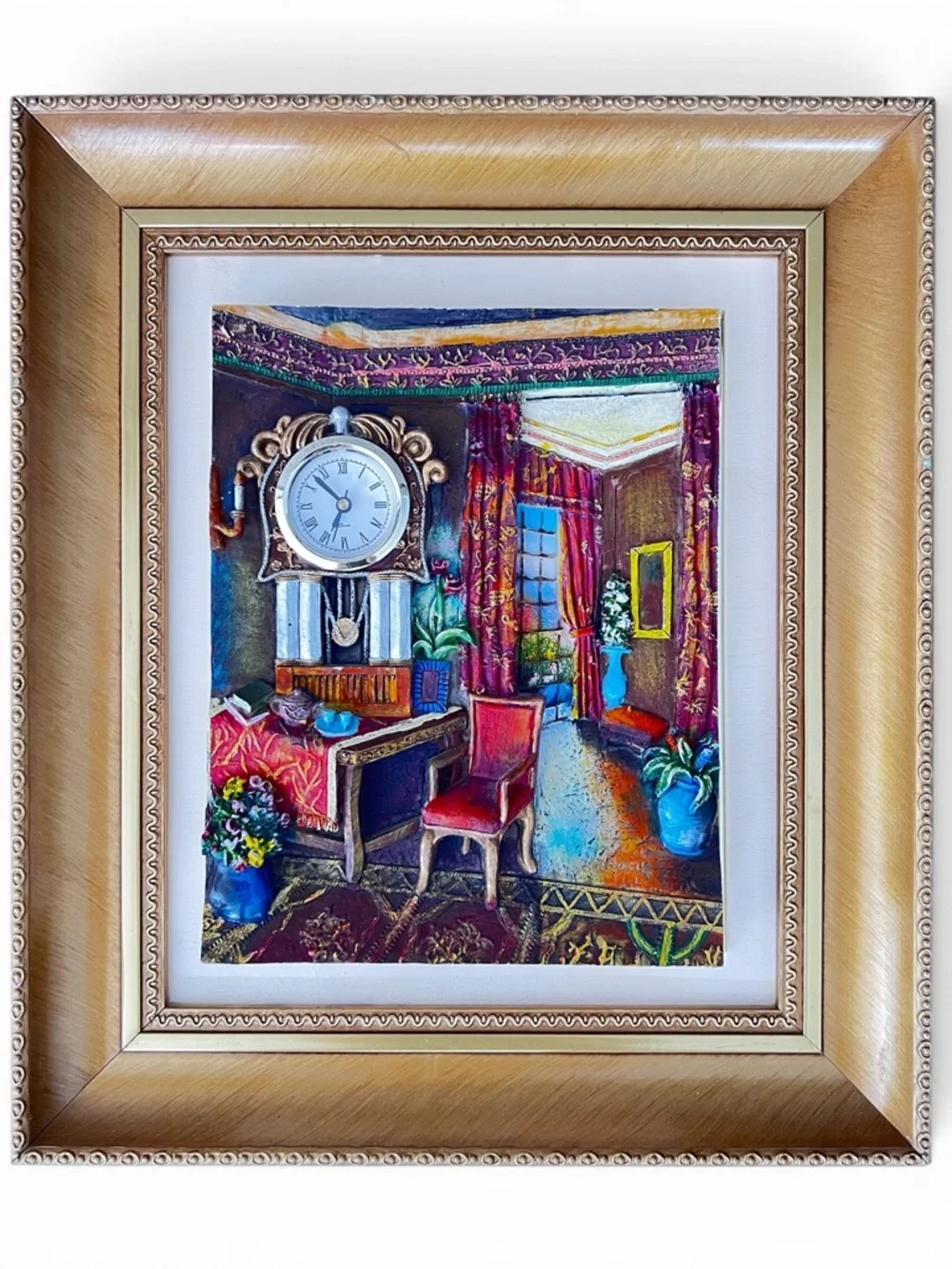 3D Vintage Interior Scene Framed Art Working Grandfather Clock Relief